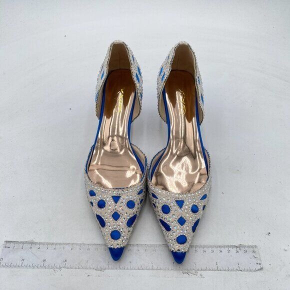 XYD Royal Blue Elegant Pointed Toe D'Orsay Kitten Heel Rhinestone Studs Pump - Picture 3 of 8